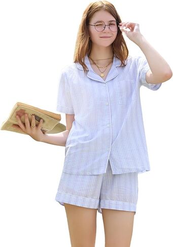 LYCY Women 100% Cotton Cute Short Pajama Set 2 Piece Casual Lounge Sets Y2k Plaid Pj Set in Kuwait