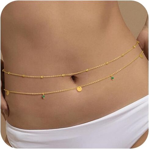 2PCS Gold Silver Waist Chain Adjustable Layered Belly Chain Body Chain Jewelry for Women Sexy Bikini Beach Boho Pearl Beaded Cuban Satellite Waist Chains in Kuwait