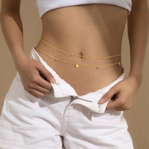 2PCS Gold Silver Waist Chain Adjustable Layered Belly Chain Body Chain Jewelry for Women Sexy Bikini Beach Boho Pearl Beaded Cuban Satellite Waist Chains in Kuwait
