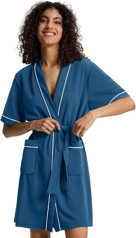 SIORO Women's Waffle Knit Robe, Short Lightweight Loungewear with Pockets, Kimono Short-Sleeves Robe for Spa, Home & Travel in Saudi Arabia