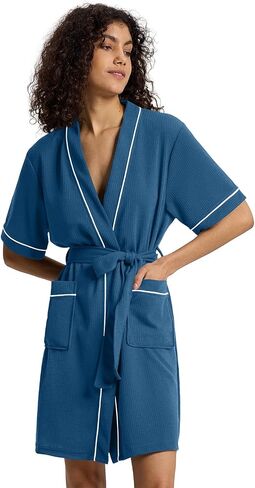SIORO Women's Waffle Knit Robe, Short Lightweight Loungewear with Pockets, Kimono Short-Sleeves Robe for Spa, Home & Travel in Saudi Arabia