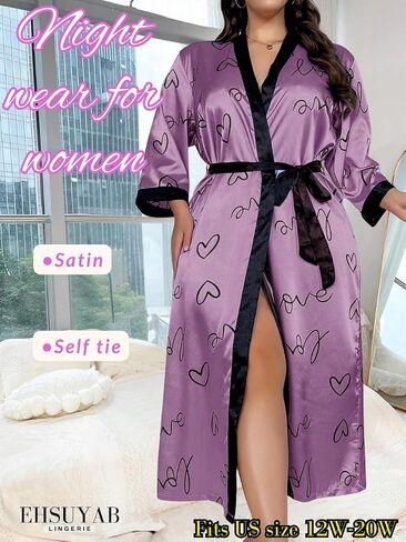 Sexy Plus Size Robe For Women, Fits 12W-20W, Long Silky Satin Robes Valentines Boudoir Sleepwear in Kuwait