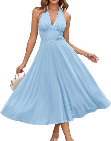 GLNEGE Women's Summer V-Neck Long Dress Casual Halter Wedding Guest Dresses Boho Flowy Smocked Sundress 2025 in Saudi Arabia
