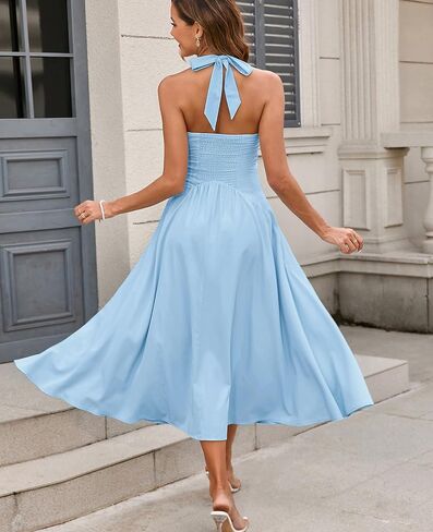 GLNEGE Women's Summer V-Neck Long Dress Casual Halter Wedding Guest Dresses Boho Flowy Smocked Sundress 2025 in Saudi Arabia