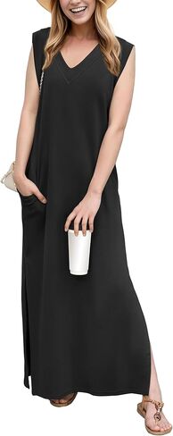 GRECERELLE 2025 Women Summer V-Neck Casual Loose Split Wrinkle-Free Long Maxi Beach Dress with Pockets in Kuwait