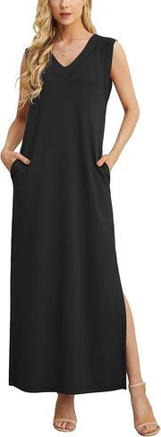 GRECERELLE 2025 Women Summer V-Neck Casual Loose Split Wrinkle-Free Long Maxi Beach Dress with Pockets in Kuwait