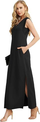 GRECERELLE 2025 Women Summer V-Neck Casual Loose Split Wrinkle-Free Long Maxi Beach Dress with Pockets in Kuwait