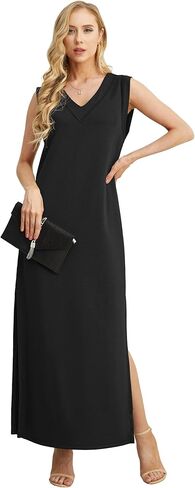 GRECERELLE 2025 Women Summer V-Neck Casual Loose Split Wrinkle-Free Long Maxi Beach Dress with Pockets in Kuwait