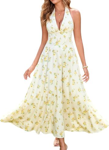 GLNEGE Women's Summer V-Neck Long Dress Casual Halter Wedding Guest Dresses Boho Flowy Smocked Sundress 2025 in Saudi Arabia