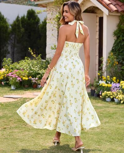 GLNEGE Women's Summer V-Neck Long Dress Casual Halter Wedding Guest Dresses Boho Flowy Smocked Sundress 2025 in Saudi Arabia