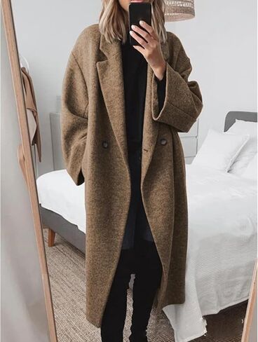 Sexyshine Women's Winter Double Breasted Pea Coat Long Sleeve Notch Lapel Long Trench Coat Warm Wool Blend Jackets in Saudi Arabia