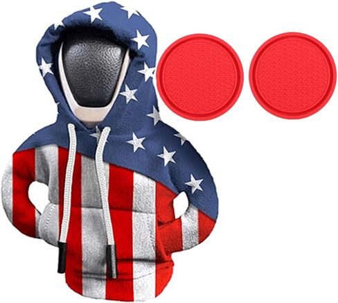 Car Gear Shift Hoodie, Gear Shift Cover Car Cup Coaster Set, Universal Car Shift Knob Hoodie, Mini Hoodie Automotive Interior Cute Gadgets Accessories (US Flag Gear Shift Cover+Red Coaster) in Saudi Arabia
