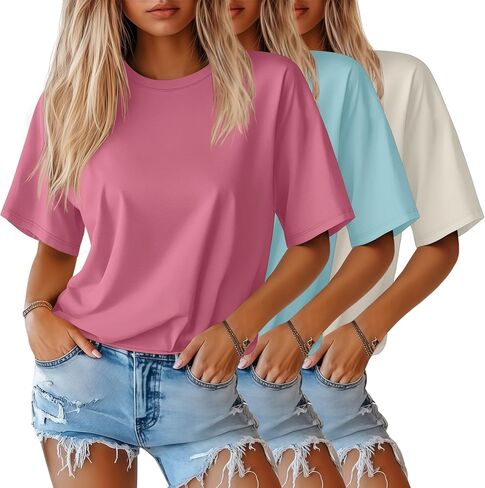 Huukeay 3 Pack Women's Half Sleeve T-Shirts, Crew Neck Elbow Length Tops Loose Casual Basic Tees Summer Tunic Tops in Saudi Arabia