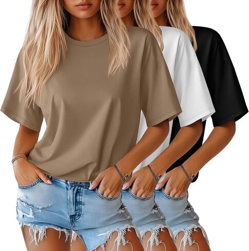 Huukeay 3 Pack Women's Half Sleeve T-Shirts, Crew Neck Elbow Length Tops Loose Casual Basic Tees Summer Tunic Tops in Saudi Arabia