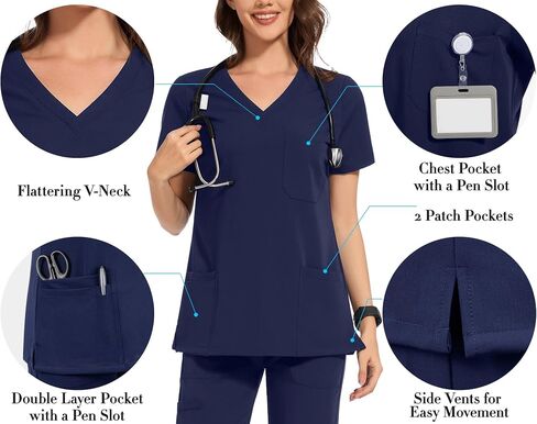AMPOSH Women’s Scrub Top V-Neck Medical Scrub Shirts with 3 Pockets and Pen Slots in Kuwait