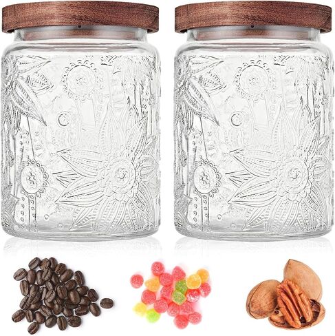 Vintage Glass Jar with Wooden Lid, 23.7 fl oz - Airtight Decorative Food Storage Canisters for Kitchen Counter, Ideal for Candy, Sugar, Coffee, Cookies in Kuwait