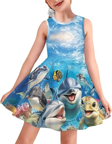 Dresses for Girls Summer Sleeveless Crew Neck Sundresses Midi Sun Dresses Beach Flowy Dresses in Kuwait