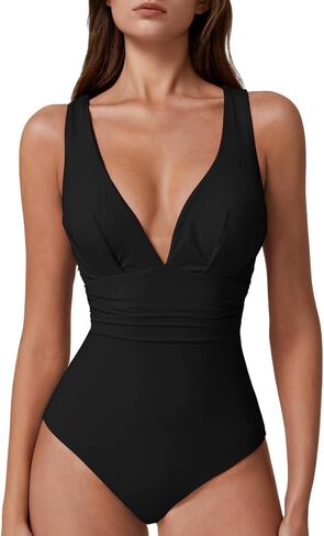 QINSEN Womens Sexy V Neck One Piece Bathing Suit Cross Back Swimsuit High Waist Monokini in Saudi Arabia