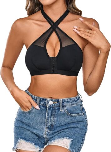 MakeMeChic Women's Halter Bra Front Closure Bralette Mesh Wireless Underwear in Saudi Arabia