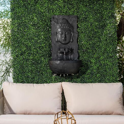 XBrand 30 in H Fiber Resin Wall Buddha Zen Outdoor Garden Water Fountain w/Warm LED Light, Black in Saudi Arabia
