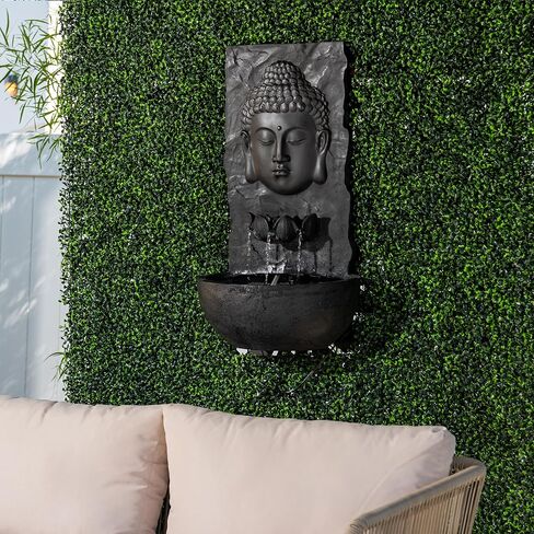 XBrand 30 in H Fiber Resin Wall Buddha Zen Outdoor Garden Water Fountain w/Warm LED Light, Black in Saudi Arabia