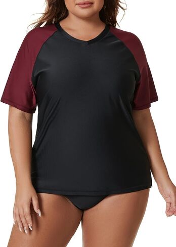 Tournesol Women's Plus Size Swim Shirt Short Sleeve Rash Guard V Neck UPF 50+ Swimsuit Rashguard Tops in Saudi Arabia