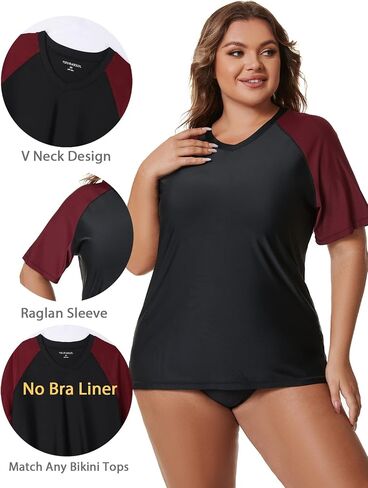 Tournesol Women's Plus Size Swim Shirt Short Sleeve Rash Guard V Neck UPF 50+ Swimsuit Rashguard Tops in Saudi Arabia