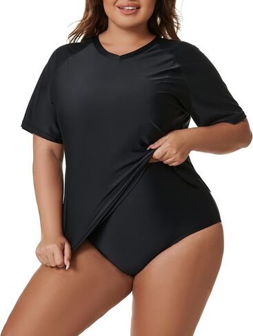 Tournesol Women's Plus Size Swim Shirt Short Sleeve Rash Guard V Neck UPF 50+ Swimsuit Rashguard Tops in Saudi Arabia