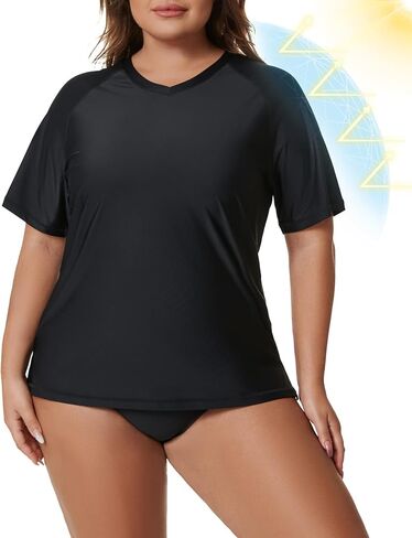 Tournesol Women's Plus Size Swim Shirt Short Sleeve Rash Guard V Neck UPF 50+ Swimsuit Rashguard Tops in Saudi Arabia