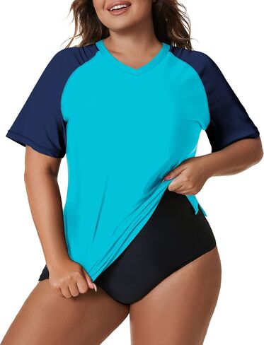 Tournesol Women's Plus Size Swim Shirt Short Sleeve Rash Guard V Neck UPF 50+ Swimsuit Rashguard Tops in Saudi Arabia