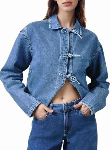 Kedera Womens Jean Jacket Tie Front Long Sleeve Denim Shacket Lapel Collar Tops Fall Winter Fashion Trendy Coat Blazer in Saudi Arabia