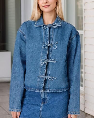 Kedera Womens Jean Jacket Tie Front Long Sleeve Denim Shacket Lapel Collar Tops Fall Winter Fashion Trendy Coat Blazer in Saudi Arabia