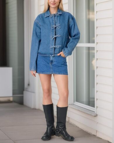 Kedera Womens Jean Jacket Tie Front Long Sleeve Denim Shacket Lapel Collar Tops Fall Winter Fashion Trendy Coat Blazer in Saudi Arabia