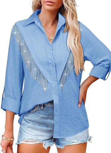 MYMORE Womens Rhinestone Fringe Button Up Chambray Denim Shirt Rolled 3/4 Sleeve Sparkly Top Country Western Cowgirl Outfit in Saudi Arabia