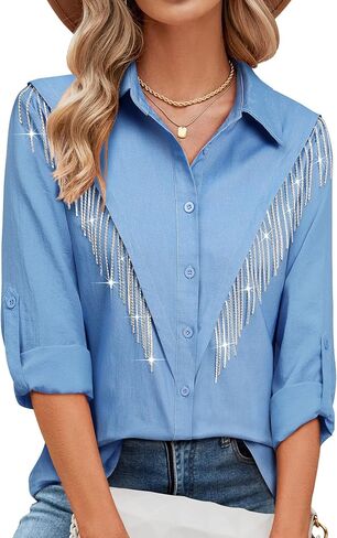 MYMORE Womens Rhinestone Fringe Button Up Chambray Denim Shirt Rolled 3/4 Sleeve Sparkly Top Country Western Cowgirl Outfit in Saudi Arabia