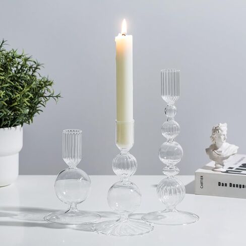 Glasseam Pink Glass Candlestick Holder: Unique Candle Holders Set of 3 Modern Taper Candle Holder Decorative Candle Holders for Table Centerpiece Party Christmas Home Wedding Decoration in Saudi Arabia