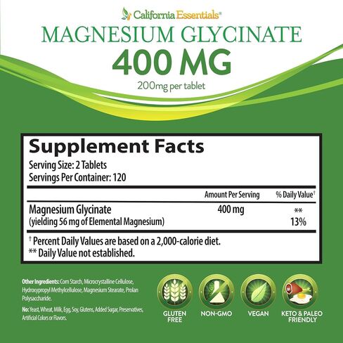 Magnesium Glycinate 400 - Chelated, High Absorption Magnesium for Muscle Relief, Bone & Heart Support -Vegan, Non-GMO, Gluten-Free 240 Tablets (Servings 120, Serving Size (2) 200mg Tablets) in Saudi Arabia
