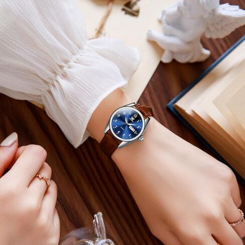 OLEVS Womens Leather Watch, Brown Womens Watches Leather Band Waterproof Analog Dainty Womens Ladies Watch for Small Wrists, Easy Read Luxury Dress Watches for Women Arabic Numbers White/Blue/Black in Saudi Arabia