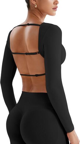 YEOREO Villay Women Sexy Backless Long Sleeve Adjustable Straps Seamless Going Out Tops Crewneck Open Back Y2K Crop Stretch in Saudi Arabia