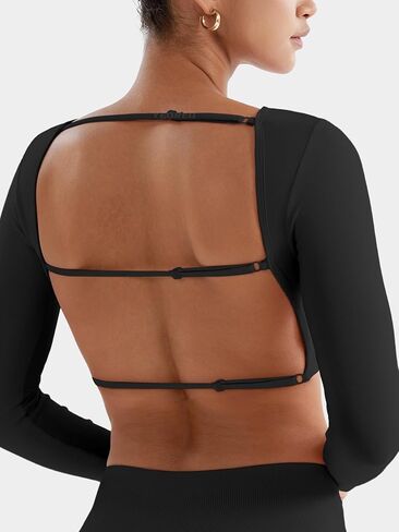 YEOREO Villay Women Sexy Backless Long Sleeve Adjustable Straps Seamless Going Out Tops Crewneck Open Back Y2K Crop Stretch in Saudi Arabia
