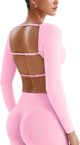 YEOREO Villay Women Sexy Backless Long Sleeve Adjustable Straps Seamless Going Out Tops Crewneck Open Back Y2K Crop Stretch in Saudi Arabia