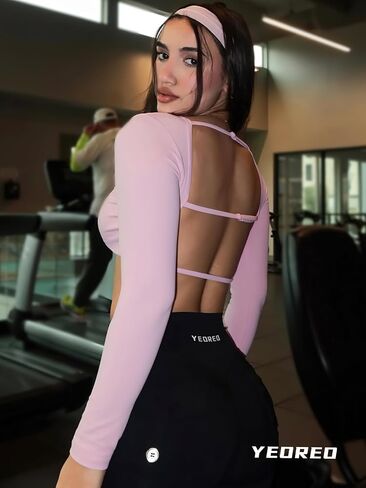 YEOREO Villay Women Sexy Backless Long Sleeve Adjustable Straps Seamless Going Out Tops Crewneck Open Back Y2K Crop Stretch in Saudi Arabia