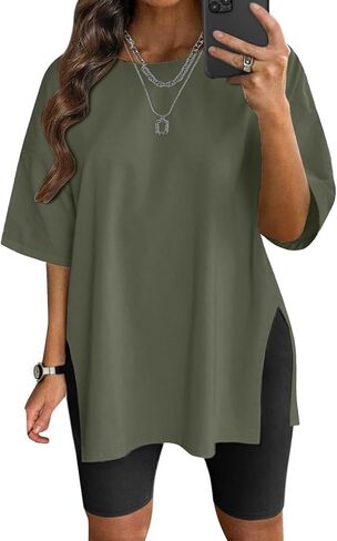 VNIRA Plus Size T Shirt for Women Oversized Cotton Short Sleeve Workout Top Loose Fit Side Split Casual Basic Tunic Top in Kuwait