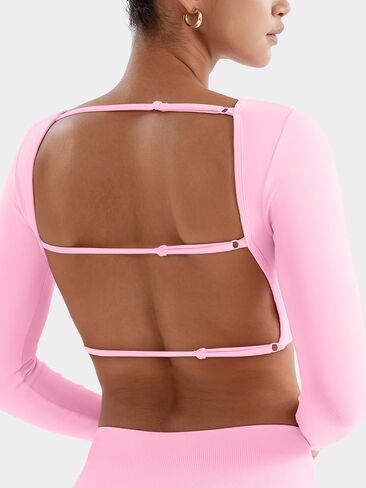 YEOREO Villay Women Sexy Backless Long Sleeve Adjustable Straps Seamless Going Out Tops Crewneck Open Back Y2K Crop Stretch in Saudi Arabia