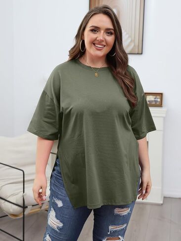 VNIRA Plus Size T Shirt for Women Oversized Cotton Short Sleeve Workout Top Loose Fit Side Split Casual Basic Tunic Top in Kuwait