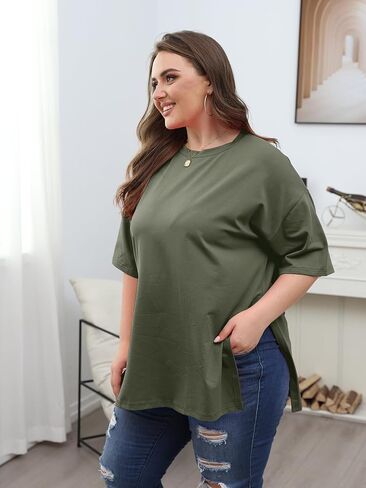 VNIRA Plus Size T Shirt for Women Oversized Cotton Short Sleeve Workout Top Loose Fit Side Split Casual Basic Tunic Top in Kuwait