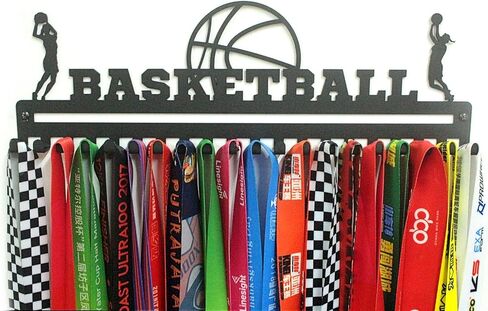 Metal Wall Mount 'Basketball' Sports Medal Hanger and Lanyard Ribbon Display Holder Rack with 20 Easy Hanging Hooks & Simple Install, Great Sports Gift for Kids (Boy) - Black in Kuwait