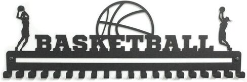 Metal Wall Mount 'Basketball' Sports Medal Hanger and Lanyard Ribbon Display Holder Rack with 20 Easy Hanging Hooks & Simple Install, Great Sports Gift for Kids (Boy) - Black in Kuwait