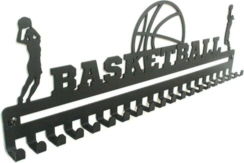 Metal Wall Mount 'Basketball' Sports Medal Hanger and Lanyard Ribbon Display Holder Rack with 20 Easy Hanging Hooks & Simple Install, Great Sports Gift for Kids (Boy) - Black in Kuwait