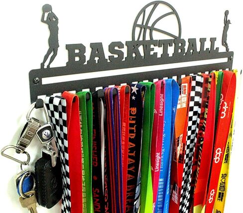 Metal Wall Mount 'Basketball' Sports Medal Hanger and Lanyard Ribbon Display Holder Rack with 20 Easy Hanging Hooks & Simple Install, Great Sports Gift for Kids (Boy) - Black in Kuwait